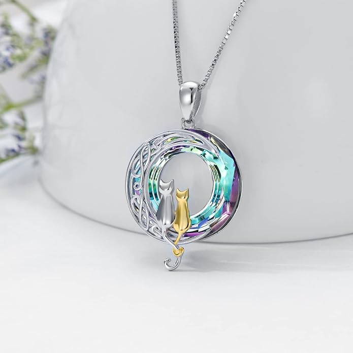 TOUPOP Christmas Cat Gifts for Cats Lovers One Two Three Four Cats Necklace Sterling Silver Cats on the Moon Pendant Necklace with Blue Circle Crystal Birthday Christmas Celtic Jewelry Gifts for Women
