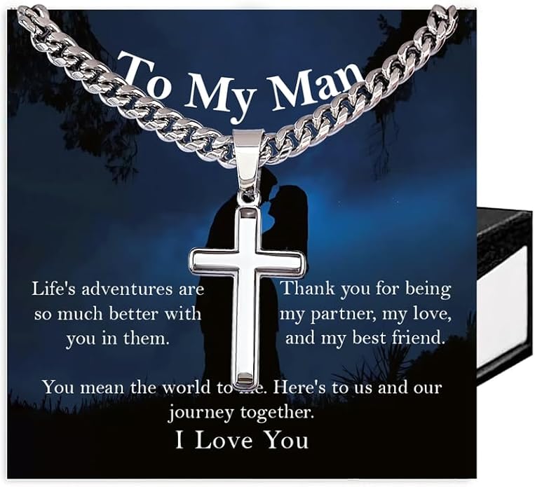 SUTERY Cross Cuban Chain Necklace - Promise Necklace for Him, Necklace for Boyfriend, Mens Necklace for Fiance, Valentine's Day