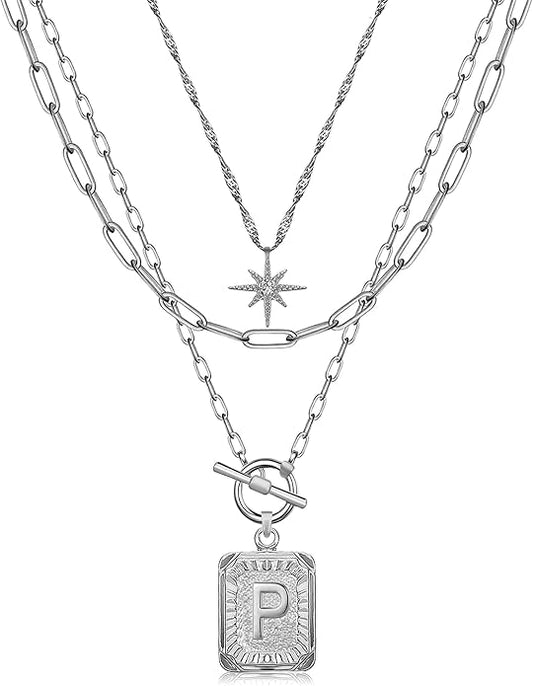 MJartoria Layered Initial Necklaces for Women Trendy, 14K Gold Plated Brass Simple Star Choker Square Letter Pendant Necklace, Paperclip Chain Necklaces Jewelry Gifts