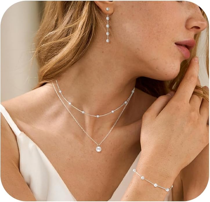 DIBOLA Gold Jewelry Set for Women, Dainty Layered 14K Gold/Silver Pearl Choker Necklaces and Earring Set Pearl Earrings Bracelets Wedding Bride Jewelry