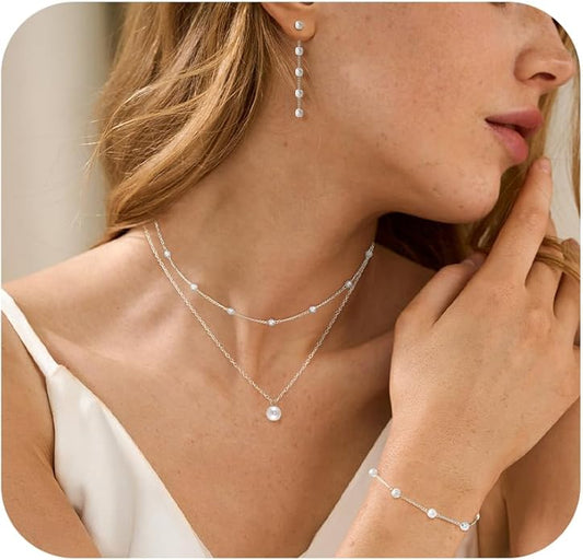 DIBOLA Gold Jewelry Set for Women, Dainty Layered 14K Gold/Silver Pearl Choker Necklaces and Earring Set Pearl Earrings Bracelets Wedding Bride Jewelry