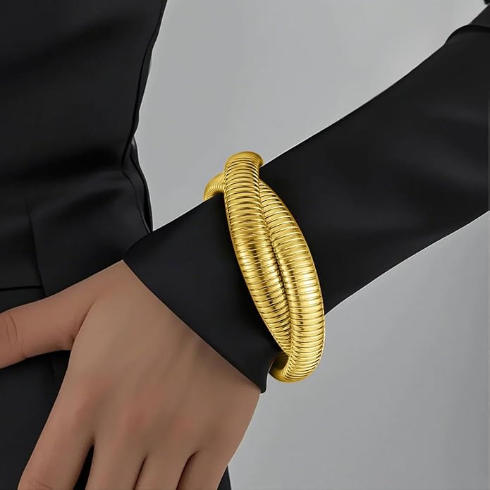 Emibele Gold Bangles Bracelet Set for Women, 18K Gold Plated Chunky Stainless Steel Non Tarnish Stretch Bracelet Stack, Flexible Wide Wristband Bangle Layered Snake Chain Bracelets