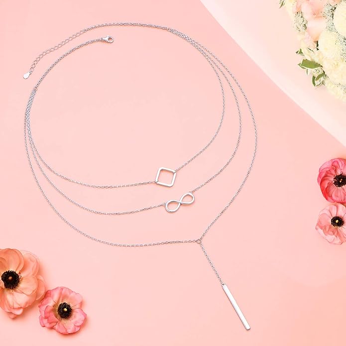 S925 Sterling Silver Layered Necklaces Multi 3 Layer Circle Bar Boho Long Triple Choker Pendant Necklace Jewerly Gift for Women