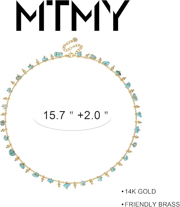 MTMY Beaded Necklaces for Women 14K Gold Plated Dainty Colorful Green/Rose Beaded Pearl Choker Necklace Delicate Boho Choker Necklace Jewelry Gift