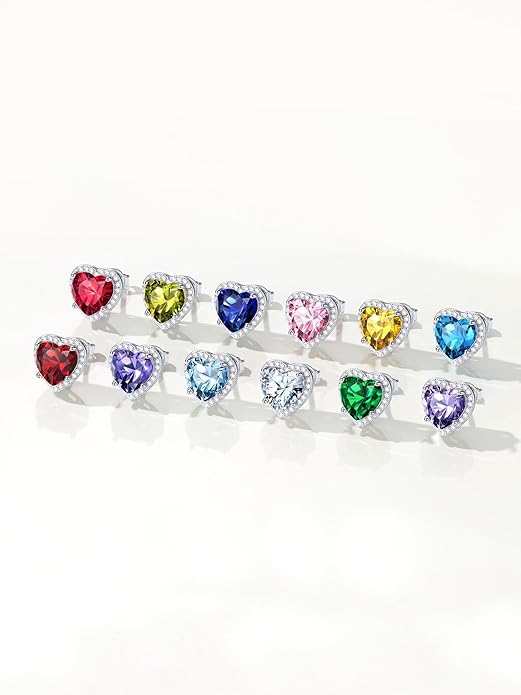 ChicSilver 925 Sterling Silver Birthstone Earrings for Women, 8MM/2 Carat Heart & Round Cubic Zirconia Stud Earrings, Hypoallergenic Jewelry, Ideal Birthday or Christmas Gifts