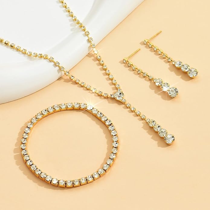 MIFYNN Rhinestone Wedding Set for Women Sparkle Crystal Earrings Necklace Bracelet Jewelry Set Wedding Party Prom Jewelry Set for Brides Bridesmaid
