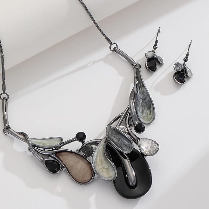 Chunky Statement Jewelry Set Vintage Retro Leaf Flower Floral Geometric Bohemian Boho Bib Necklace Earring Set Fashion Costume Jewelry for Women Girls Wedding Party Prom Unique Gift