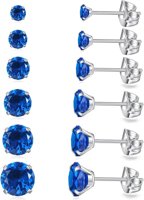 6 Pairs Stud Earrings Set, Hypoallergenic Cubic Zirconia Earrings 316L Stainless Steel CZ Earrings 3-8mm