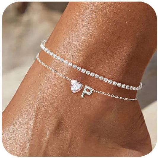 Heart Initial Silver Anklets for Women Waterproof Dainty Silver Plated ankle bracelets for women Large Ankle Women's Anklets Tennis ankle bracelets Non Tarnish Summer Beach Foot Jewelry