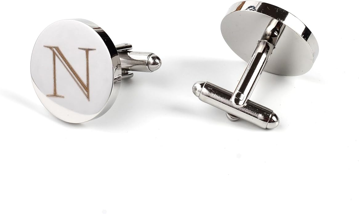 Mens Initial Silver Cufflinks A-Z Alphabet Letter Steel Cuff Links with Engraved Walnut Wood Box Groom Groomsman Wedding Set…
