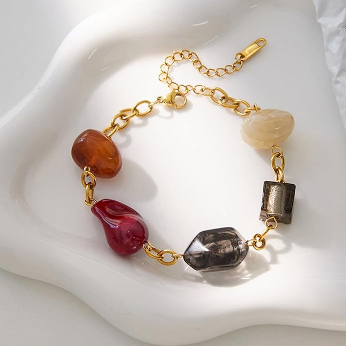 Stylish Pattern Bracelet Mixing Resin Colors With Stainless Steel Everyday Jewelry Colorful Resin Stainless Steel Bracelet