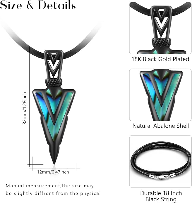 PCTJYFU Arrowhead Necklace 925 Sterling Silver for Women Men Pendant with Blue Opal/Abalone Shell/Turquoise Black Gold Plating Protective Symbol Jewelry Adjustable Chain Gift for Him Her