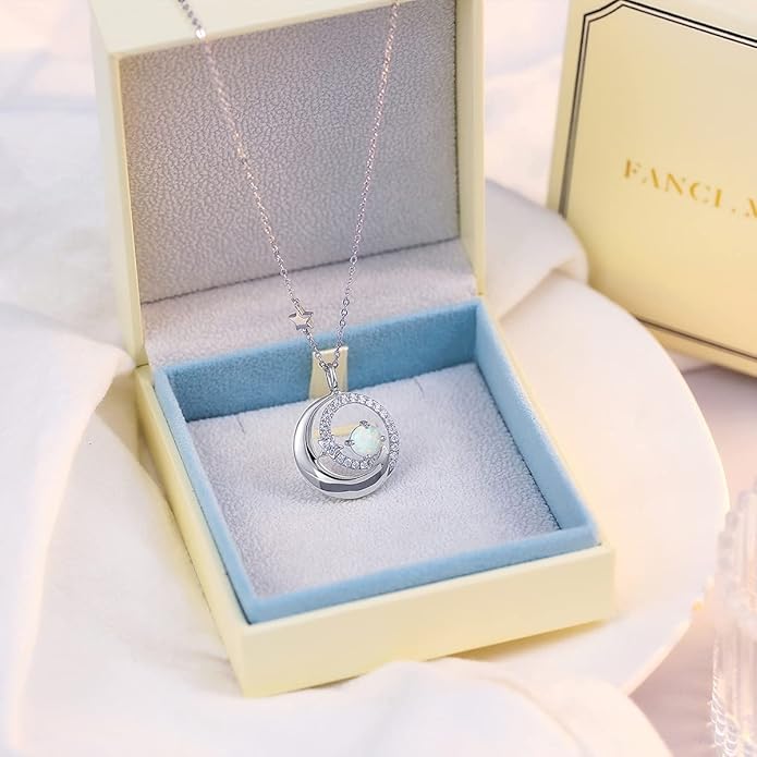 FANCIME Birthstone Necklaces 925 Sterling Silver Moon and Star Pendant Fine Jewelry Birthday Christmas Gifts for Mom Wife Her Daughter, Adjustable Chain 16+2"