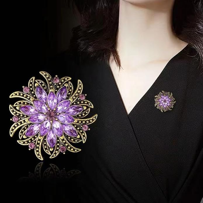 Nyx&lvy Vintage Crystal Flower Brooch Set, 3 Pieces, Purple Pink Green Rhinestones, Gold Tone Floral Pins for Wedding and Evening Wear Christmas gift