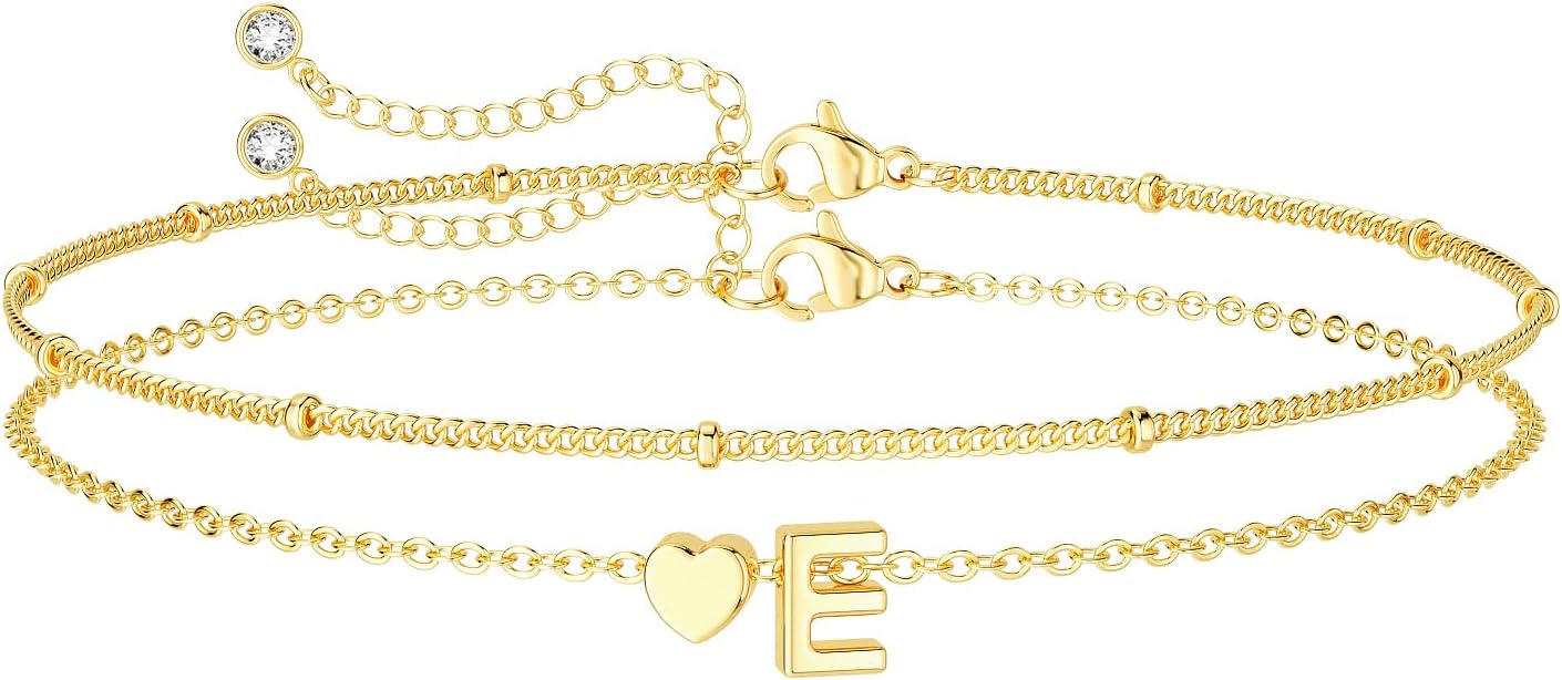 DEARMAY Dainty Initial Heart 14K Gold Plated Bracelets for Women Trendy, Letter Charm Bracelet Jewelry Cute Simple Fashion Chain Gift