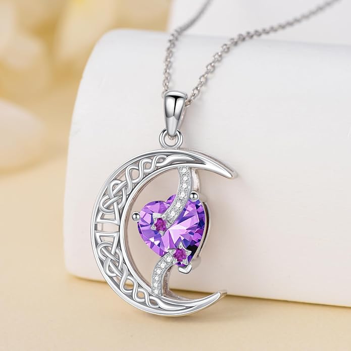 TOUPOP Moon and Star Birthstone Necklace for Women 925 Sterling Silver Celtic Moon Jewelry Birthday Christmas Gifts for Her Girlfriend