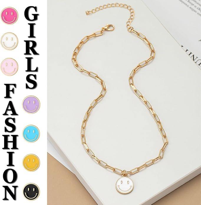 Smile Pendant Necklace Smile Face Chain Necklace Paperclip Necklace Cute Round Pendant Necklace Preppy Jewelry for Women Girls
