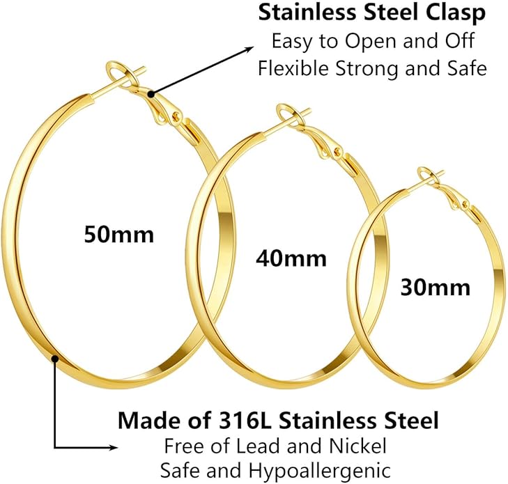 Gold Silver Plated Hoop Earrings for Women Hypoallergenic Stainless Steel Gold Hoops Earrings Lightweight Large Small Hoop Earrings Set