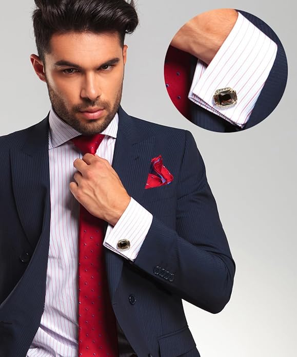 Rectangular Colored Diamond-Flanked Crystal Cuff Links – Tuxedo Suit Accessories, Cufflinks for Men