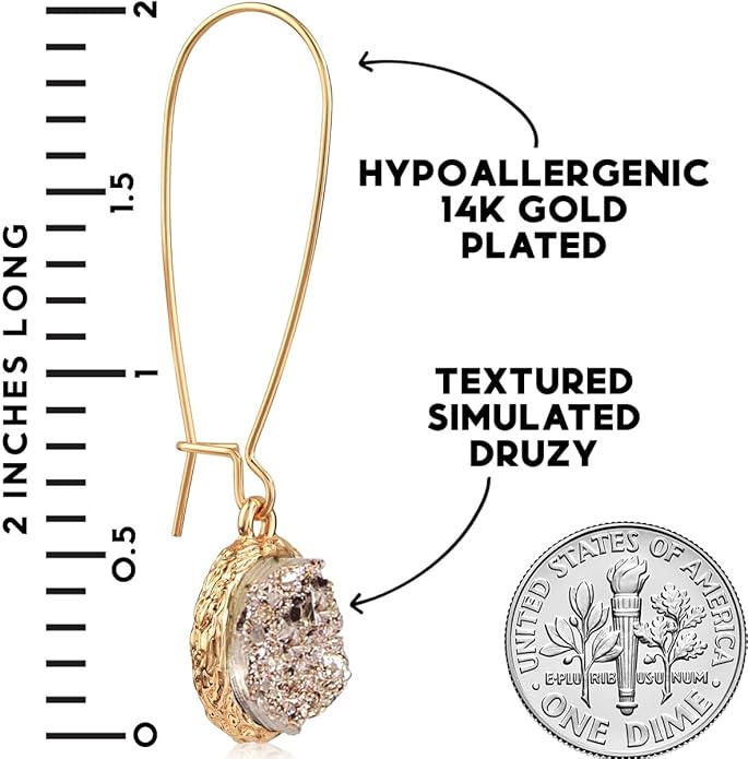 Simulated Druzy Threader Drop Earrings for Women - Gold, Silver, or Rose Gold Tone Trendy Boho Dangles with Sparkly Round Stone
