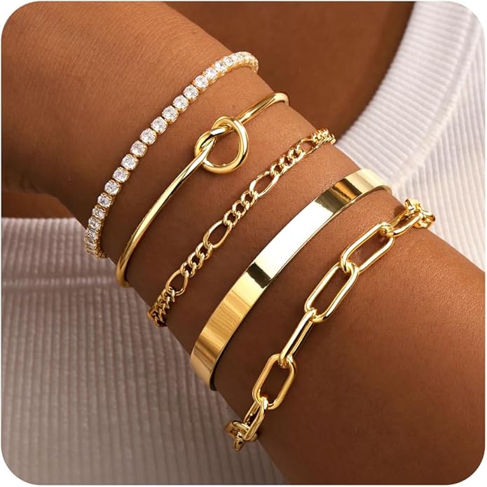 Gold Bracelets for Women Non Tarnish, 14K Gold Plated Chunky Cuff Bracelet Gold Bangles Bracelet for Women Trendy Tie Knot Cuban Rope Paperclip Beaded Bracelet Stack Jewelry Gifts