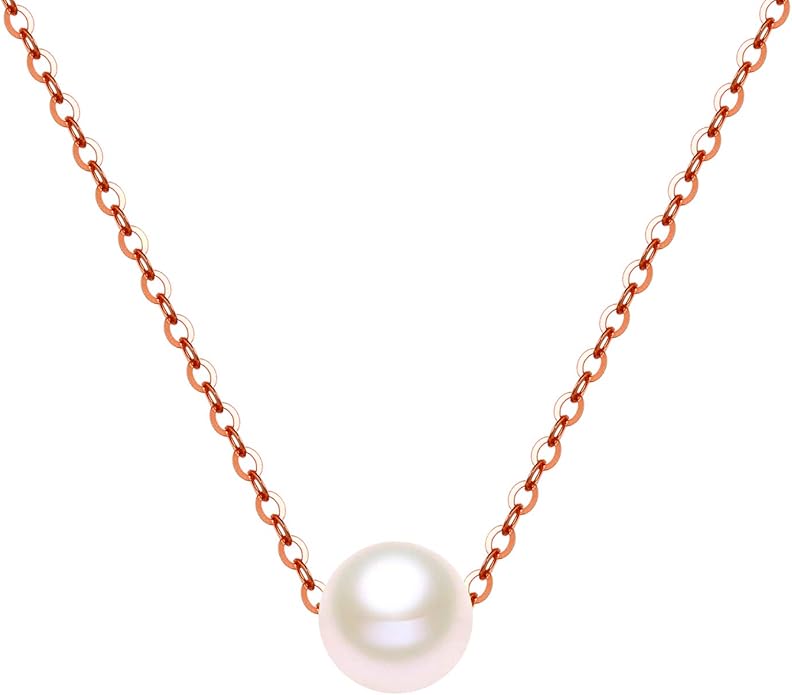 14K Solid Gold Pearl Necklace for Women, Real Freshwater Cultured Pearl Pendant Necklace 7.5mm Dainty Single Sliding Pearl Design Adjustable Necklaces Fine Jewelry Gift for Her, Mom, Wife 16"-18"