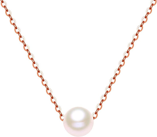 14K Solid Gold Pearl Necklace for Women, Real Freshwater Cultured Pearl Pendant Necklace 7.5mm Dainty Single Sliding Pearl Design Adjustable Necklaces Fine Jewelry Gift for Her, Mom, Wife 16"-18"