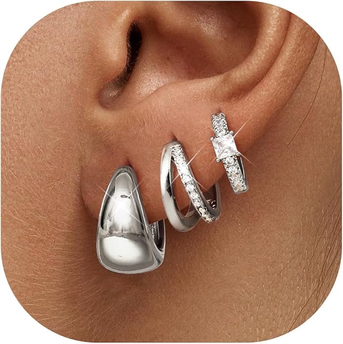 LOYALLOOK 3Pairs Gold Hoop Earrings Set for Women Trendy Huggie Hoop Earrings Stacks for Multiple Piercing 14K Gold Plated Chunky Hoop Earrings Set Hypoallergenic Cartilage Earring Lightweight