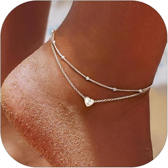 ChicSilver Sterling Silver Anklets for Women 925 Ankle Bracelets for Women Layered Heart Anklet With Beaded Anklets for Women