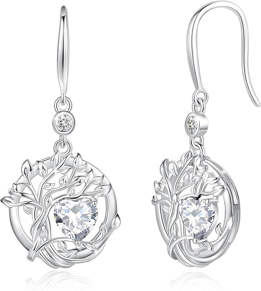 FANCIME Tree of Life Dangle Drop Earrings 925 Sterling Silver Dainty Round Gemstone Birthstone Earring Fine Jewelry Birthday Christmas Gifts for Her Women