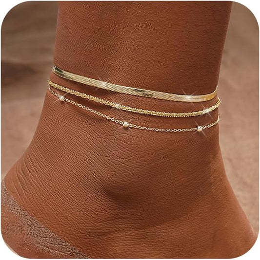 Gold Ankle Bracelets for women,14k Gold/Silver Plated Waterproof Layered lightweight Cuban Link Figaro Chain Heart anklet butterfly anklet Pearl Ankle Bracelets Set Gold Anklets for women Trendy Jewelry Gift for Women