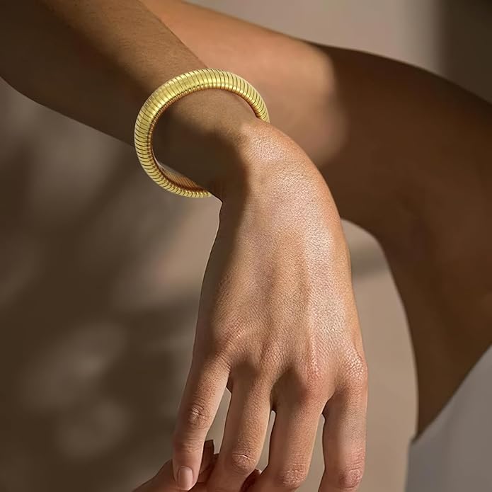 Emibele Gold Bangles Bracelet Set for Women, 18K Gold Plated Chunky Stainless Steel Non Tarnish Stretch Bracelet Stack, Flexible Wide Wristband Bangle Layered Snake Chain Bracelets