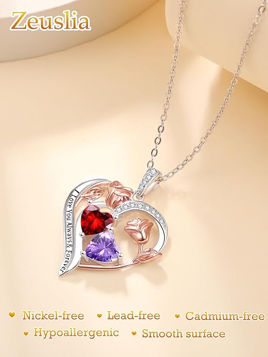Zeuslia Double Birthstone Necklace Gifts for Wife - 925 Sterling Silver Sunflower/Rose/Crown Cross/Compass/Heart Pendant I Love You Necklace, Anniversary Birthday Gifts for Wife Girlfriend Mom Her