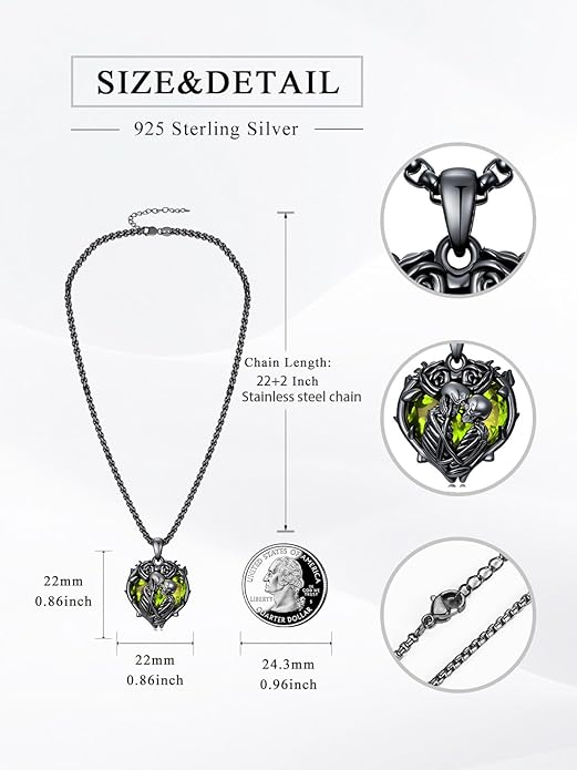 Flpruy 925 Sterling Silver Black Gothic Jewelry Gifts Skeleton Couple Pendant Crystal Birthstone Heart Necklace Punk Romantic Jewelry for Lover Men Women