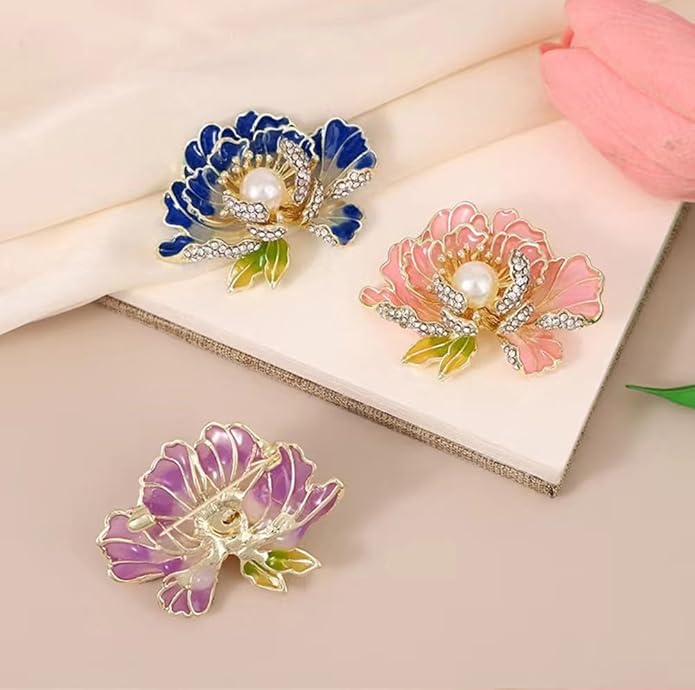 3Pcs Peony Flower Brooch Pin for Women Elegant Enamel Floral Brooch Set Dainty Cubic Zircon Pearl Lapel Pins Flower Pins for Clothes Hat Dress Accessories Prom Jewelry