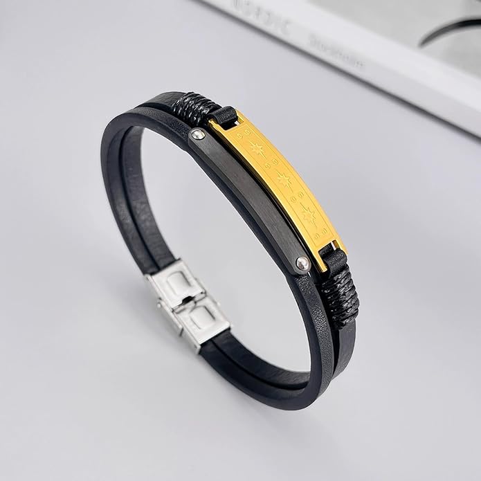 Italian Handmade Genuine Leather Bracelets for Men Stainless Steel Clip, Men's Casual Genuine Multi-layer Cuff Bracelet, Bracelet Gift for Real Men