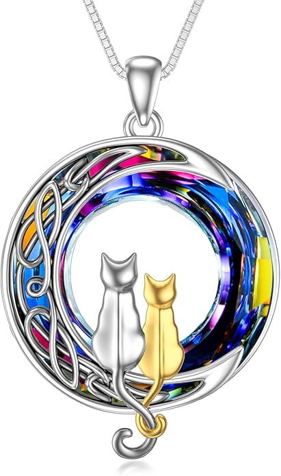TOUPOP Christmas Cat Gifts for Cats Lovers One Two Three Four Cats Necklace Sterling Silver Cats on the Moon Pendant Necklace with Blue Circle Crystal Birthday Christmas Celtic Jewelry Gifts for Women