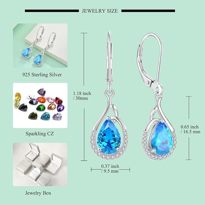 Starchenie Teardrop Dangle Drop Earrings 925 Sterling Silver Pear Birthstones Leverback Earrings Gift for Women