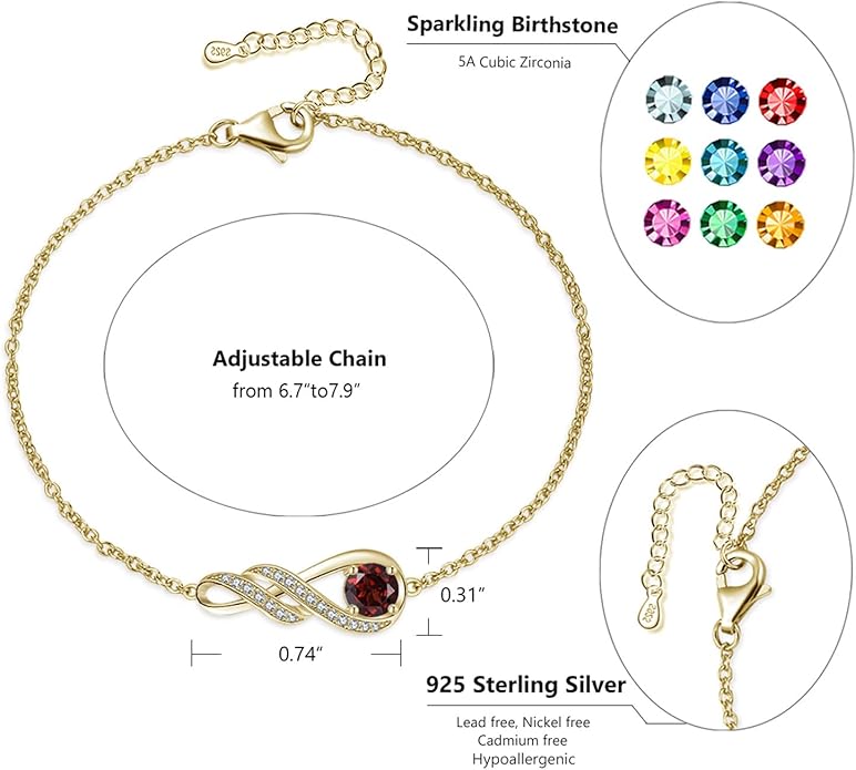 Birthstone Bracelets for Women 925 Sterling Silver Created Gemstone Bracelet Infinity Pendant Jewelry for Her, 6.7"+1.2"