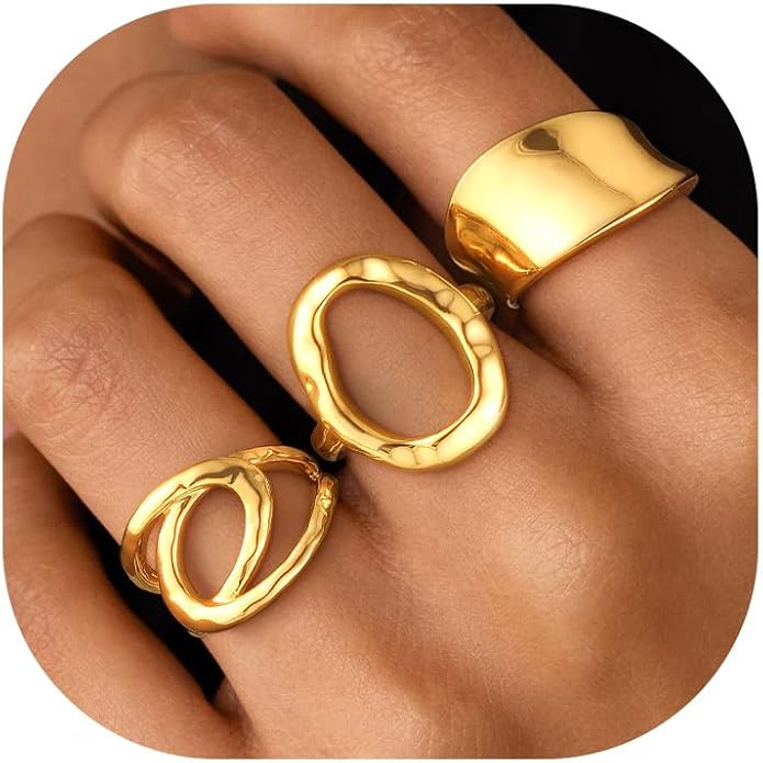 ZOERAY Chunky Gold Rings for Women Non Tarnish Trendy 14k Gold Plated Adjustable Signet Band Stackable Thumb Ring Set Open Twist Dome Statement Stacking Rings Jewelry Gifts for Women Size 5-10