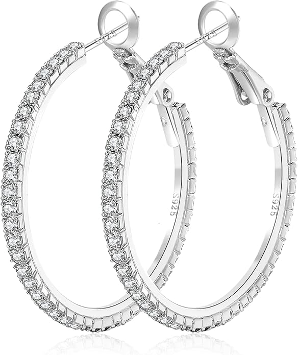 925 Sterling Silver Earrings Large Rhinestone Hoop Earrings Big Cubic Zirconia Hoop Earrings Thin Rhinestones Round Hoop Earrings for Women 20/30/40/50/60/70mm Sparkly Hoops With Crystals for Womens