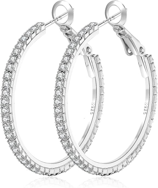 925 Sterling Silver Earrings Large Rhinestone Hoop Earrings Big Cubic Zirconia Hoop Earrings Thin Rhinestones Round Hoop Earrings for Women 20/30/40/50/60/70mm Sparkly Hoops With Crystals for Womens