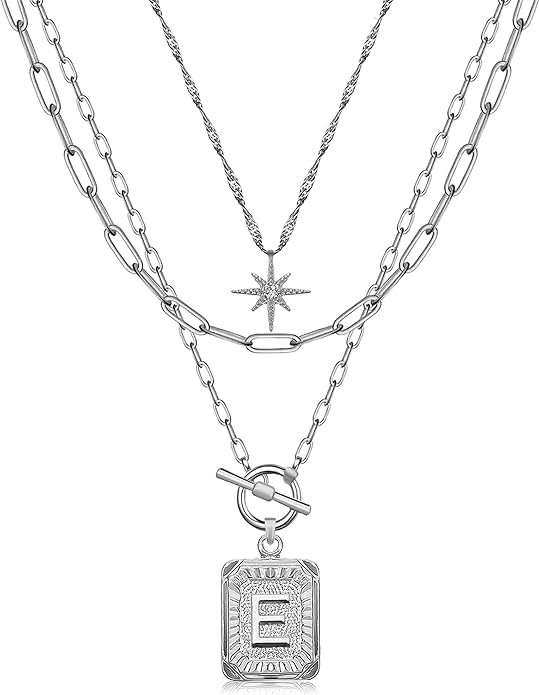 MJartoria Layered Initial Necklaces for Women Trendy, 14K Gold Plated Brass Simple Star Choker Square Letter Pendant Necklace, Paperclip Chain Necklaces Jewelry Gifts