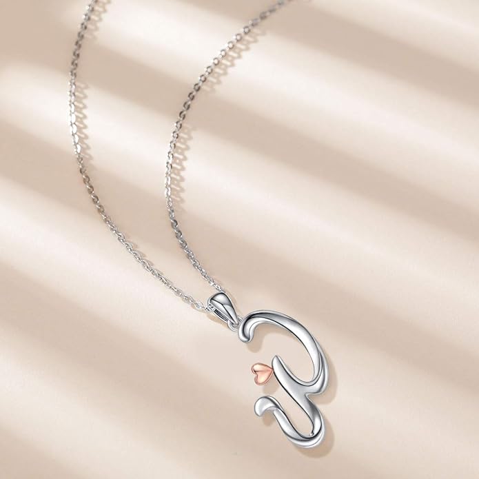 CELESTIA 925 Sterling Silver Initial Necklaces 26 Letter with Rose Gold Heart - 18 Inch Chain
