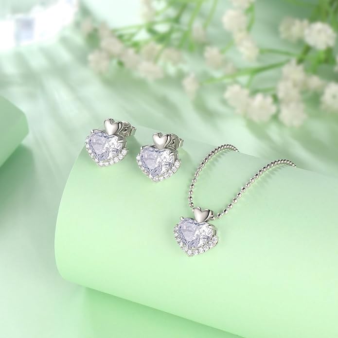 Ydou Love Heart Necklaces and Earrings with Rose Cut Birthstone Silver Plated Elegant Jewelry Set for Women CS0002