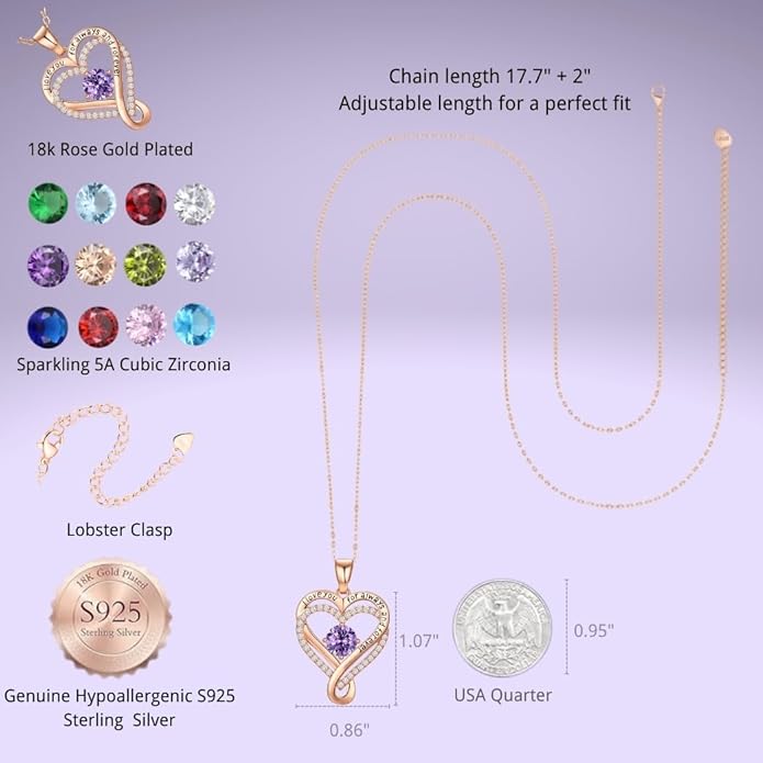 Birthstone Infinity Heart Necklace for Women Wife Girlfriend Mom Daughter Gifts S925 Silver Jewelry For Anniversary Rose Gold Gifts For Birthday Christmas Mothers Valentines Day