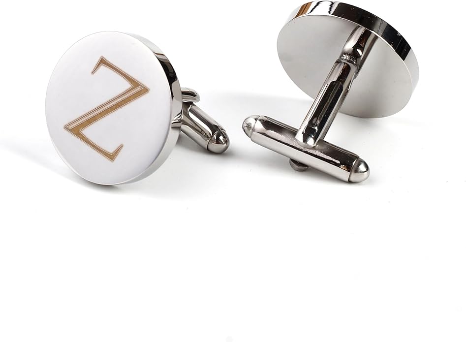 Mens Initial Silver Cufflinks A-Z Alphabet Letter Steel Cuff Links with Engraved Walnut Wood Box Groom Groomsman Wedding Set…