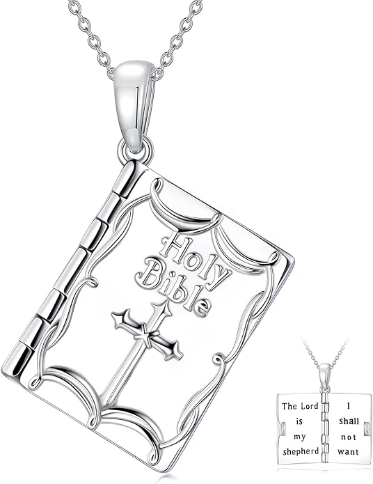 925 Sterling Silver Mini Bible Book Pendant Necklace, Openable Vintage Necklace, Christian Prayer Scripture Jewelry for Men and Women