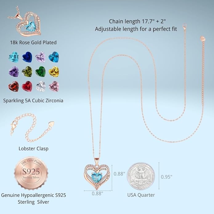 Birthstone Heart Necklace for Women Wife Girlfriend Mom Daughter Gifts S925 Silver Jewelry For Anniversary Rose Gold Gifts For Birthday Christmas Mothers Valentines Day