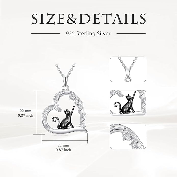 Cat Gifts for Women 925 Sterling Silver Heart Moon Cat Necklace Pendant Women Jewelry Halloween Christmas Gifts